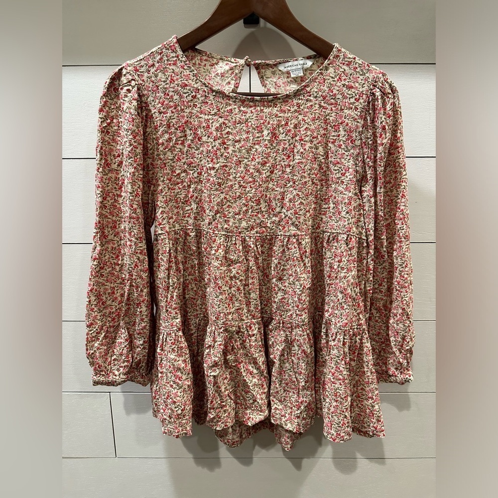 American Eagle Outfitters Boho Floral Open- Back Blouse - Pink/ White- size XS